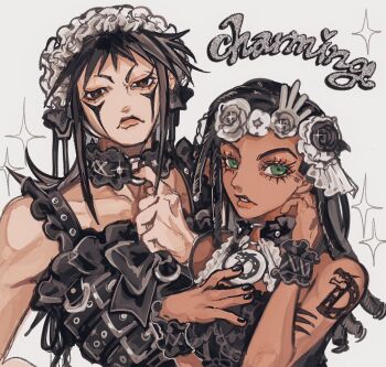 Rule 34 | 1boy, 1girl, alternate costume, arm tattoo, black dress, black hair, bow, charming man, choker, dark-skinned female, dark skin, dragona joestar, dreadlocks, dress, facial mark, frilled choker, frilled dress, frilled headwear, frills, gothic lolita, green eyes, head wreath, highres, jojo no kimyou na bouken, lolita fashion, male focus, naru tomaki, tattoo, the jojolands