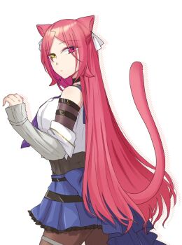 Rule 34 | 1girl, animal ears, arm belt, assault lily, bare shoulders, belt, belt buckle, black belt, black choker, black shirt, blue sailor collar, blue skirt, breasts, brown pantyhose, buckle, cat ears, cat girl, cat tail, choker, closed mouth, commentary request, cowboy shot, crop top, detached sleeves, drop shadow, from side, green eyes, hair ribbon, half updo, hand up, heterochromia, kemonomimi mode, layered sleeves, long hair, long sleeves, looking at viewer, looking to the side, medium breasts, miniskirt, neckerchief, nigari (ngari 0115), odaiba girls high school uniform, pantyhose, parted bangs, pleated skirt, purple neckerchief, red eyes, red hair, ribbon, sailor collar, school uniform, serafuku, shiba tomoshibi, shirt, simple background, skirt, sleeveless, sleeveless shirt, solo, standing, tail, tail raised, thigh strap, undershirt, very long hair, waist cape, white background, white ribbon, white shirt