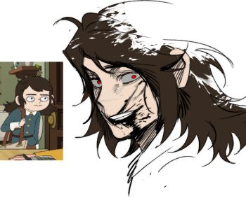 abaddon_(haunted_hotel) blood blood_on_face blood_on_mouth brown_hair derivative_work esther_freeling grin haunted_hotel long_hair looking_at_viewer nom_nomme portrait red_eyes reference_inset screenshot_redraw simple_background smile white_background