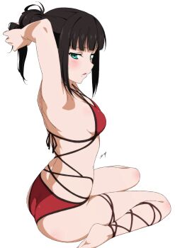 1girl aqua_eyes armpits arms_up ass back bikini black_hair blush breasts commentary_request green_eyes hair_bun highres kurosawa_dia looking_at_viewer love_live! love_live!_sunshine!! mole mole_under_mouth nagi_mkrnpn parted_lips red_bikini simple_background sitting small_breasts solo swimsuit thighs tying_hair wariza white_background