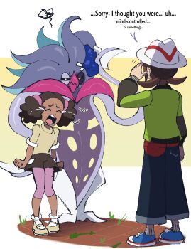 2girls absurdres beak black_sclera brown_hair bruise bruised_eye colored_sclera commentary crying dark-skinned_female dark_skin english_commentary english_text gen_6_pokemon green_jacket harmony_(pokemon) hat highres holding ice_bag injury jacket juno_son long_sleeves malamar mega_ring multiple_girls nintendo open_mouth pokemon pokemon_(creature) pokemon_legends:_z-a pokemon_xy schoolgirl_(pokemon) short_hair skirt squid tentacles white_hat yellow_eyes