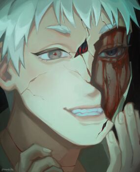 Rule 34 | 2boys, black background, blood, blood on face, broken mask, cracked kawaii mask, cracked mask, dual persona, fingernails, grey eyes, hashtag-only commentary, highres, hikaru ga shinda natsu, indou hikaru, indou hikaru (human), kanashiibe, male focus, mask, multiple boys, portrait, red pupils, scar, scar on neck, serious, short eyebrows, short hair, simple background, smile, solo, twitter username, white hair