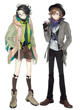 Rule 34 | 2boys, absurdres, ahoge, aqua necktie, belt, black belt, black choker, black gloves, black hair, black hat, black pantyhose, black socks, black vest, brown hair, brown shoes, brown shorts, buttons, chinese commentary, choker, closed mouth, coat, collared shirt, commentary request, crescent, crescent hair ornament, diagonal-striped clothes, diagonal-striped necktie, earrings, full body, glasses, gloves, green eyes, green shirt, green sleeves, grey coat, hair ornament, hairclip, hanaseto, hand in pocket, hands in pockets, hat, hidari shoutarou, highres, hood, hood down, hooded coat, jewelry, kamen rider, kamen rider w, kneehighs, lapels, legwear garter, male focus, mole, mole under mouth, multiple boys, necklace, necktie, notched lapels, open clothes, open coat, open mouth, open vest, orange coat, pantyhose, philip (kamen rider), plaid clothes, plaid shorts, purple eyes, purple scarf, scarf, shirt, shoes, short hair, shorts, simple background, socks, striped clothes, stud earrings, tsurime, turtleneck, two-tone necktie, v-shaped eyebrows, vest, white background, white shirt, x hair ornament