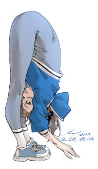 1girl breasts brown_eyes brown_hair contortion crop_top flexible forward_fold full_body highres hood hoodie looking_at_viewer nabipenciller original ponytail shoes sideways_glance small_breasts smile sneakers solo unitard