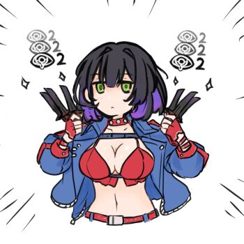 1girl bandeau belt black_hair blue_jacket blunt_bangs breasts chaos_zero_nightmare chest_harness choker cleavage closed_mouth collarbone colored_inner_hair cropped_torso gloves green_eyes hapra950 harness hashtag-only_commentary holding holding_knife jacket knife leg_warmers long_sleeves looking_at_viewer medium_breasts medium_hair midriff multicolored_hair navel open_clothes open_jacket purple_hair red_bandeau red_choker red_gloves sidelocks solo spaghetti_strap spiked_choker spikes standing throwing_knife tressa_(chaos_zero_nightmare) two-tone_hair weapon