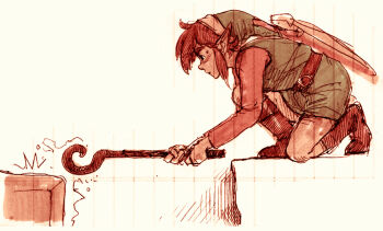 1boy belt boots box cane from_side headgear holding holding_cane knee_boots kneeling leaning_forward ledge limited_palette link looking_ahead male_focus nintendo on_one_knee pants pointy_ears profile rvsa sepia shield shield_on_back short_hair sidelocks sketch solo sweatdrop the_legend_of_zelda the_legend_of_zelda:_a_link_to_the_past tunic