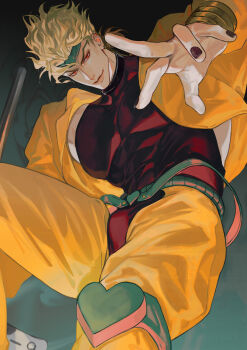 1boy abs backless_leotard backless_outfit belt black_choker black_leotard black_nails blonde_hair bracelet bustersiri choker crotchless crotchless_pants dark_background dimple dio_brando earrings facing_viewer gold_bracelet green_belt green_headband green_suspenders halterneck headband highres jacket jewelry jojo_no_kimyou_na_bouken knee_pads leotard looking_at_viewer looking_down male_focus multiple_bracelets muscular muscular_male nail_polish outstretched_hand pants red_eyes single_earring smile smirk stardust_crusaders toned toned_male wrist_cuffs yellow_jacket yellow_pants