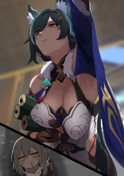 2girls animal_ear_fluff animal_ears armpits aroused_nosebleed bare_shoulders bent_over black_jacket blood blood_on_face blurry blurry_background blush breasts brown_gloves cleavage closed_mouth commentary_request dark_green_hair female_pervert fox_ears fox_girl from_below fur-trimmed_leotard fur_trim gloves green_hair grey_hair hair_between_eyes hair_ornament hair_over_one_eye hanging_breasts highres holding holding_scroll honkai:_star_rail honkai_(series) jacket large_breasts long_hair looking_ahead medium_breasts multiple_girls nosebleed parted_lips pervert purple_eyes scroll shine standing stelle_(honkai:_star_rail) tassel tied_jacket trailblazer_(honkai:_star_rail) upper_body waist_cutout yamabuki7979 yellow_eyes yukong_(honkai:_star_rail)