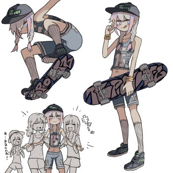 1boy 3others androgynous blush commentary_request crop_top holding holding_skateboard multiple_others original salute shorts simple_background skateboard socks standing t515168 tongue tongue_out two-finger_salute v white_background white_socks