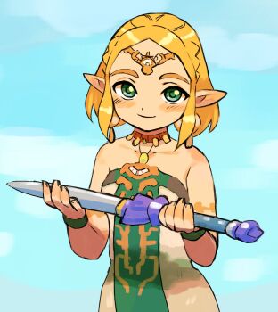 Rule 34 | 1girl, aqua eyes, bare shoulders, blonde hair, circlet, closed mouth, collarbone, dress, earrings, gan2, highres, holding, holding sword, holding weapon, jewelry, master sword, nintendo, parted bangs, pointy ears, princess zelda, short hair, smile, solo, strapless, strapless dress, sword, the legend of zelda, the legend of zelda: tears of the kingdom, thick eyebrows, weapon, white dress