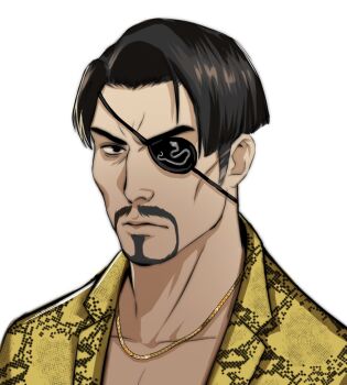 Rule 34 | 1boy, beard, black hair, commentary, crossover, curtained hair, english commentary, eyepatch, facial hair, goatee, gold necklace, highres, jewelry, majima goro, male focus, necklace, parody, persona, persona 5, portrait, ryuu ga gotoku (series), ryuu ga gotoku 1, short hair, snake print, solo, sotenborinpc, style parody, undercut