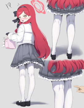 !? 1boy 1girl black_gloves blue_archive blush commentary gloves grey_skirt highres jacket kneepits leg_focus long_hair looking_at_viewer looking_back multiple_views pantyhose red_hair shadow simple_background skirt straight_hair swept_bangs takane_(blue_archive) unamaso very_long_hair white_jacket white_pantyhose yellow_eyes