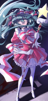 1girl absurdres aqua_hair bow commentary_request coppepan dress floating_hair full_body hatsune_miku highres ima_sugu_rinne_(vocaloid) looking_at_viewer magical_girl pantyhose petticoat red_dress solo standing star-shaped_pupils star_(symbol) striped_bow symbol-shaped_pupils twintails verdy wand white_pantyhose