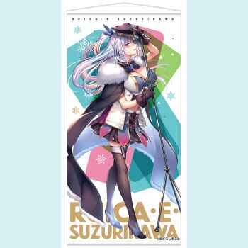 Rule 34 | 1girl, amakano ~second season~, aqua eyes, arm up, black cape, black gloves, black hat, black skirt, black thighhighs, blue background, blue shoes, blush, bow, bowtie, breasts, cape, character name, copyright notice, fur-trimmed cape, fur trim, gloves, grey hair, hair between eyes, hand up, hat, high heels, holding, holding microphone, holding microphone stand, large breasts, long hair, looking at viewer, microphone, microphone stand, midriff peek, navel, official art, piromizu, pleated skirt, purple bow, purple bowtie, shoes, skirt, smile, snowflake background, solo, standing, suzurikawa euphrasie ruika, thighhighs