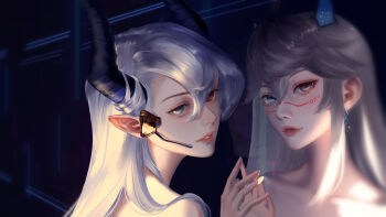 1girl absurdres black_horns different_reflection ear_wiggle earrings facial_mark grey_eyes grey_hair hair_between_eyes heterochromia highres horns indie_virtual_youtuber jewelry leaille lips long_hair parted_lips pointy_ears prot0type7 red_eyes reflection second-party_source sidelocks virtual_youtuber