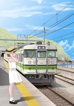 1boy 1girl black_shoes brown_hair day dress hands_on_headwear hat hat_ribbon highres mary_janes original outdoors overhead_line profile railroad_tracks ribbon scenery shoes short_hair sleeveless sleeveless_dress socks standing tactile_paving tousai_(kiha52122) train train_station_platform