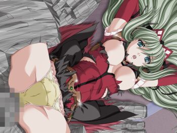 1boy 1girl 2000s_(style) :o aqua_eyes arms_up belt blue_eyes breasts cameltoe censored dress elbow_gloves elixir_rose game_asset gloves green_hair headdress hetero imminent_rape kagashima_itsuki large_breasts long_hair lying magical_girl mahou_senshi_(series) mahou_senshi_elixir_knights mosaic_censoring night nipples non-web_source official_art on_back open_mouth outdoors panties penis rape saitou_natsuki self-datamine solo_focus spread_legs torn_clothes underwear upside-down variant_set visual_novel_cg yellow_panties
