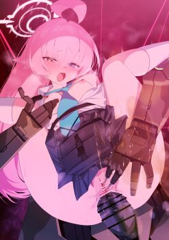 1girl ahoge blue_archive blue_eyes blush halo heterochromia hoshino_(blue_archive) koyubi_maru long_hair open_mouth pee peeing peeing_self pink_hair pink_halo sex solo