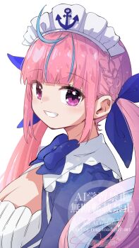 Rule 34 | 1girl, absurdres, ahoge, blue bow, blue dress, blue streaks, bow, closed mouth, commentary, dress, hair bow, highres, hololive, long hair, looking at viewer, maid, maid headdress, minato aqua, minato aqua (1st costume), multicolored hair, pink hair, purple eyes, solo, streaked hair, twintails, u da desu, very long hair, virtual youtuber