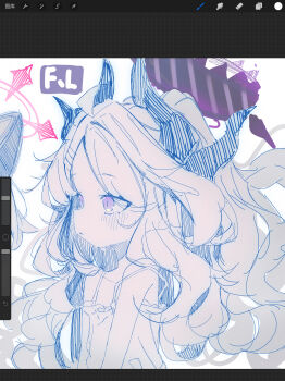 2girls :< absurdres ahoge animal_ears art_program_in_frame artist_name bare_shoulders blue_archive blush camisole cat_ears chinese_commentary closed_mouth commentary_request demon_girl demon_horns fake_animal_ears fl-feiling forehead frilled_camisole frills from_side halo highres hina_(blue_archive) horns long_hair momoi_(blue_archive) monochrome multiple_girls multiple_horns out_of_frame parted_bangs pink_halo procreate_(medium) procreate_(software) profile purple_eyes purple_halo screencap simple_background sketch solo_focus spaghetti_strap spot_color strap_slip upper_body white_background