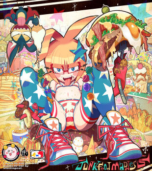 1girl :p ahoge american_flag american_flag_bikini american_flag_legwear american_flag_print animal_ears antenna_hair bacon bat_(animal) between_fingers bikini blonde_hair blue_eyes blue_thighhighs blush_stickers burger cake candy checkerboard_cookie cheese cherry chicken_(food) cookie crotch donut drinking_straw egg egg_(food) elbow_gloves english_text engrish_text fake_animal_ears fast_food female_focus flag_print flag_print_bikini flat_chest food food_on_body food_on_clothes food_on_face fork fried_chicken fruit gashi-gashi glasses gloves hair_ornament halftone highres holding hot_dog ice_cream jelly_bean jewelry komori_(gashi-gashi) lettuce lollipop lying multicolored_legwear navel olive on_back onion open_mouth original pancake pie print_bikini print_thighhighs rabbit_ears ranguage red-framed_eyewear red_gloves ring sayaka-chan_(gashi-gashi) semi-rimless_eyewear shoes sneakers solo star_(symbol) star_print striped_bikini striped_clothes sundae sunny_side_up_egg swimsuit taco thighhighs tomato tongue tongue_out