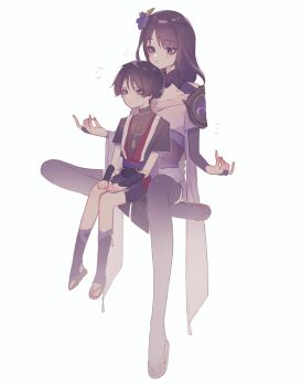 1boy 1girl absurdres armor black_bodysuit black_bridal_gauntlets black_hair black_kimono black_shorts black_shrug black_sleeves black_thighhighs blunt_ends bodysuit bridal_gauntlets brown_sandals cheek_press chin_rest choppy_bangs clenched_hand closed_mouth curled_fingers eyelashes eyeliner eyeshadow fingernails floating furisode genshin_impact grey_sandals half_lotus_position hands_on_own_thighs head_on_head head_rest highres japanese_armor japanese_clothes jewelry juban kimono knees_together_feet_apart kote kurokote layered_sleeves leggings levitation light_blush looking_to_the_side makeup mitsudomoe_(shape) mother_and_son mudra neck_ring nero_hanken notice_lines o-ring obi obiage obijime off_shoulder okobo open_clothes open_hands open_kimono outstretched_arms parted_bangs platform_sandals puff_of_air purple_eyes purple_kimono purple_leggings purple_sash purple_sleeves raiden_shogun red_eyeliner red_eyeshadow red_kimono red_sash sandals sash scaramouche_(genshin_impact) short_sleeves shorts shrug_(clothing) single_sode sitting_between_lap spread_arms string thighhighs tomoe_(symbol) white_background white_kimono zouri