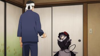 1boy 1girl animated animated_gif anime_screenshot apron barefoot bonnet bouncing chain chain_leash cosplay cuffs dancing door flower gojou_wakana gothic_lolita hachimaki happy headband heart heart_in_mouth japanese_clothes kitagawa_marin kuroe_shizuku lace lace_legwear lace_pantyhose leash light_switch lolita_fashion non-web_source pantyhose rose shackles sliding_doors sono_bisque_doll_wa_koi_wo_suru