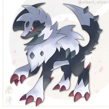 absol albrt-wlson animal_focus bright_pupils claws commentary commission english_commentary full_body fusion gen_3_pokemon gen_7_pokemon highres instagram_username lycanroc lycanroc_(midnight) nintendo no_humans pokemon pokemon_(creature) pokemon_focus red_eyes solo white_pupils