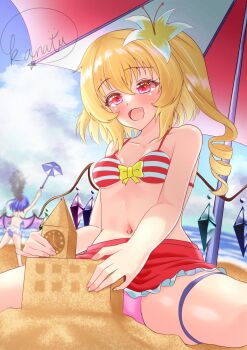 2girls back bat_wings beach bikini blonde_hair blue_hair breasts burning collarbone fang flandre_scarlet flower hair_flower hair_ornament hat highres kanatsu_(izayoi_f2202) midriff mob_cap multiple_girls navel open_mouth outdoors red_eyes remilia_scarlet sand sand_castle sand_sculpture side_ponytail small_breasts smile spread_legs swimsuit touhou umbrella wings