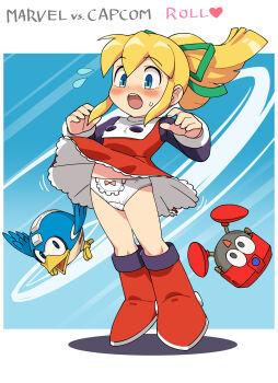 1girl absurdres animalmaster assisted_exposure bare_legs beat_(mega_man) blonde_hair blue_eyes blush capcom dress eddie_(mega_man) green_ribbon hair_ribbon highres marvel_vs._capcom mega_man_(classic) mega_man_(series) open_mouth panties red_dress red_footwear ribbon roll_(mega_man) sweatdrop teeth underwear upper_teeth_only upskirt white_panties wind wind_lift