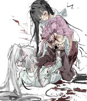 2girls black_hair blood blood_on_clothes blood_on_hands blood_splatter bloody_weapon blush bow closed_eyes fujiwara_no_mokou hair_bow highres hime_cut houraisan_kaguya long_hair long_skirt long_sleeves masochism multiple_girls ofuda ofuda_on_clothes open_mouth pants pink_shirt red_pants sadism sesmkun sexually_suggestive shirt skirt smile stab suspenders sweatdrop touhou trembling very_long_hair weapon white_bow white_hair wide_sleeves yuri