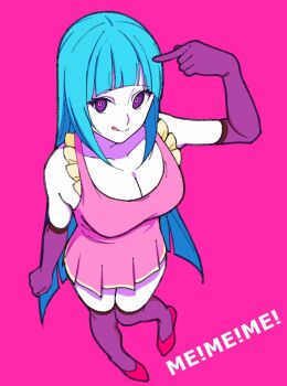 1girl blue_hair boots breasts cleavage dress elbow_gloves frills gloves highres kashiwa_(iersansi) licking_lips long_hair looking_at_viewer magenta_background me!me!me! meme_(me!me!me!) pink_background pointing pointing_at_self purple_eyes sidelocks thighhighs tongue tongue_out
