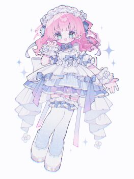 1girl :d blue_bow blue_bowtie blue_dress blue_ribbon blunt_bangs blush bow bowtie commentary commission dress frilled_thighhighs frilled_wrist_cuffs frills full_body garter_straps green_eyes hair_ribbon hand_up highres looking_at_viewer medium_hair open_mouth original pink_hair ribbon shoes short_sleeves simple_background smile solo sparkle standing symbol-only_commentary thighhighs upache watermark white_background white_shoes white_thighhighs wrist_cuffs