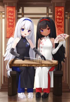 2girls black_gloves black_hair blue_eyes blue_pants breasts china_dress chinese_clothes commentary commission comodox dark-skinned_female dark_skin dress elbow_gloves english_commentary feathered_wings gloves hairband hand_fan heterochromia highres long_hair multiple_girls original pants red_eyes sitting small_breasts smile white_dress white_gloves white_hair wings