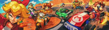 Rule 34 | 3boys, 3girls, absurdres, blonde hair, bowser, brown hair, drifting, facial hair, fingerless gloves, gloves, go-kart, highres, horns, jacket, kornart, luigi, luigi (pro racer), mario, mario (series), mario kart, mario kart world, moped, motor vehicle, motorcycle, multiple boys, multiple girls, mustache, nintendo, official alternate costume, princess daisy, princess peach, red hair, road, rosalina