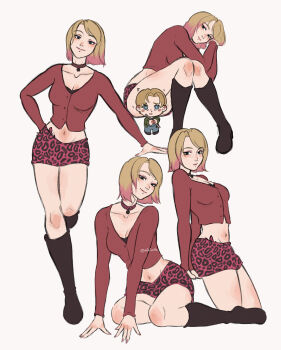 1boy 1girl animal_print black_boots black_bra blonde_hair blue_pants boots bra breasts butterfly_tattoo cardigan chibi chibi_inset cleavage coat collarbone colored_tips cropped_cardigan cropped_legs eiriseth full_body green_coat highres james_sunderland knee_boots knees_together_feet_apart leopard_print maria_(silent_hill) medium_breasts midriff miniskirt multicolored_hair multiple_views navel pants parted_bangs pendant_choker red_cardigan red_hair short_hair silent_hill_(series) silent_hill_2 sitting skirt smile standing swept_bangs tattoo twitter_username underwear white_background