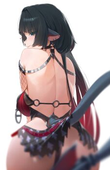 1girl absurdres animal_ears ass back black_hair black_one-piece_swimsuit blurry blurry_foreground breasts commentary english_commentary from_behind green_eyes highres jane_doe_(nocturne_of_light)_(zenless_zone_zero) jane_doe_(zenless_zone_zero) large_breasts looking_at_viewer looking_back mouse_ears mouse_girl mouse_tail multicolored_hair official_alternate_costume one-piece_swimsuit red_hair solo swimsuit tail two-tone_hair white_background yonesdraws zenless_zone_zero
