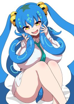 1girl absurdres aqua_necktie bare_legs blue_hair breasts cephalopod_eyes character_request commentary_request covering_crotch covering_privates crossed_legs cthulhu-chan_(harurukan) cthulhu_mythos extra_eyes hair_tie hands_up harurukan head_tilt highres holding holding_own_hair horizontal_pupils huge_breasts light_blush long_hair long_sleeves looking_at_viewer lower_teeth_only monster_girl necktie on_bed open_mouth original scylla shirt sidelocks simple_background sitting slime_(substance) smile solo star_(symbol) teeth tentacle_hair thick_thighs thighs tongue twintails upturned_eyes very_long_hair white_background white_shirt yellow_eyes