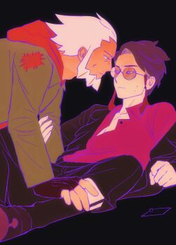 2boys :&lt; beard black_background black_jacket black_pants black_socks closed_eyes coat collared_shirt commentary_request corbeau_(pokemon) eye_contact eyes_visible_through_eyewear facial_hair glasses grey_coat hand_on_another&#039;s_arm hand_on_another&#039;s_leg highres hood hood_down jacket jacket_partially_removed l_(pokemon) lapels long_sleeves looking_at_another male_focus mighteye_inlove multiple_boys nintendo open_clothes open_jacket open_shirt pants parted_hair patchwork_clothes pokemon pokemon_legends:_z-a purple-tinted_eyewear purple_hair red_shirt round_eyewear shirt shoes socks tinted_eyewear white_hair yaoi