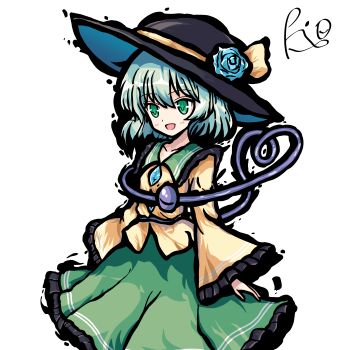 Rule 34 | 1girl, absurdres, bad id, bad pixiv id, black hat, buttons, collarbone, collared shirt, cowboy shot, diamond button, eyeball, frilled sleeves, frills, green eyes, green hair, green skirt, hat, hat ribbon, heart, heart of string, highres, komeiji koishi, long sleeves, open mouth, pioartstuff, ribbon, shirt, signature, simple background, skirt, smile, solo, third eye, touhou, white background, wide sleeves, yellow ribbon, yellow shirt