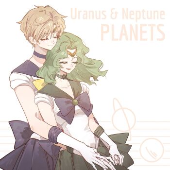 Rule 34 | 2girls, arm around waist, back bow, bishoujo senshi sailor moon, blonde hair, blue bow, blue bowtie, blue choker, blue sailor collar, blue skirt, bow, bowtie, brooch, choker, circlet, closed mouth, commentary, english text, gloves, green hair, green sailor collar, green skirt, hand on another's waist, highres, jewelry, kaiou michiru, long hair, magical girl, miniskirt, multiple girls, open mouth, parted bangs, pleated skirt, sailor collar, sailor neptune, sailor senshi uniform, sailor uranus, short hair, skirt, smile, symbol-only commentary, ten'ou haruka, wavy hair, white background, white gloves, yellow bow, yellow bowtie, yumi xsh