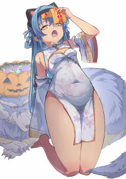1girl :o absurdres animal_ear_hairband animal_ears armpit_crease barefoot black_hairband blue_hair breasts cat_ear_hairband cat_ears claws cleavage cleavage_cutout clothing_cutout commentary covered_navel detached_sleeves eiyuu_densetsu fake_animal_ears hairband halloween halloween_costume highres jack-o'-lantern long_hair naisu_(nai_su01) ofuda ofuda_on_head open_mouth simple_background sleeves_past_fingers sleeves_past_wrists small_breasts snout thighs tio_plato white_background wolf yellow_eyes zeit zero_no_kiseki