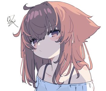 1girl ahoge aoi_tori blush_stickers brown_eyes brown_hair collarbone commentary eyes_visible_through_hair highres messy_hair original raika-chan_(aoi_tori) signature simple_background solo spaghetti_strap white_background