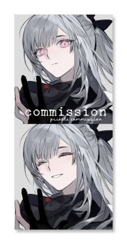 Rule 34 | 1girl, absurdres, ak-12 (girls' frontline), artificial eye, awaken the feminine within, braid, closed eyes, commission, girls' frontline, grey hair, hair between eyes, half up braid, highres, mechanical eye, pink eyes, smile, tactical clothes, unusually open eyes