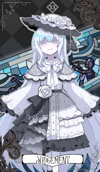 1girl commentary dress flower frilled_dress frilled_sleeves frills hat hat_flower highres judgement_(tarot) long_hair looking_at_viewer mahou_shoujo_no_majo_saiban mononobe_nekuro mosaic_pattern rose smile solo spoilers stained_glass tarot tsukishiro_yuki two-tone_dress very_long_hair white_eyes white_flower white_hair white_hat white_rose