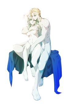 Rule 34 | 1boy, 1girl, arm up, barefoot, breasts, closed mouth, commentary request, completely nude, comustdream, dimitri alexandre blaiddyd, female byleth (awakened) (fire emblem), female byleth (fire emblem), fire emblem, fire emblem: three houses, fire emblem warriors: three hopes, full body, grabbing another's breast, grabbing from behind, green eyes, green hair, groping, hetero, highres, hug, hug from behind, medium hair, navel, nintendo, nude, official alternate eye color, official alternate hair color, simple background, sitting, stomach, toes, white background
