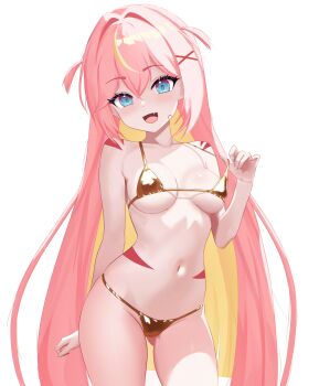 1girl absurdres aqua_eyes bandaid bandaid_on_cheek bandaid_on_face bikini bikini_top_pull blonde_hair blush body_markings breasts cameltoe colored_inner_hair commentary contrapposto cowboy_shot english_commentary fang fenixfedex gold_bikini groin hair_between_eyes hair_intakes hair_ornament hand_up head_tilt highres indie_virtual_youtuber kotori_hikari long_hair looking_at_viewer medium_breasts micro_bikini multicolored_hair navel pink_hair shoulder_tattoo skindentation solo standing stomach stomach_tattoo streaked_hair swimsuit tattoo two_side_up very_long_hair virtual_youtuber white_background x_hair_ornament