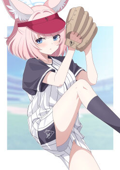 1girl alternate_costume animal_ear_fluff animal_ears baseball_glove black_socks blue_archive blue_eyes blue_halo blunt_bangs blurry blurry_background blush border commentary_request cowboy_shot eko eyes_visible_through_hair fox_ears fox_girl hair_intakes halo hands_up highres kneehighs leg_up looking_at_viewer medium_hair niko_(blue_archive) open_mouth outside_border partial_commentary pink_hair shirt short_sleeves shorts socks solo standing standing_on_one_leg straight_hair thighs visor_cap white_border white_shirt white_shorts