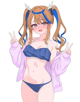 Rule 34 | 1girl, airi kanna, antlers, bikini, blue bikini, blush, breasts, brown hair, cardigan, cardigan partially removed, cleavage, cowboy shot, deoksodaejang guchangmo, double v, hands up, hashtag-only commentary, highres, horns, large breasts, long sleeves, looking at viewer, multicolored hair, navel, open mouth, parted bangs, pink cardigan, purple eyes, simple background, smile, solo, standing, stellive, stomach, streaked hair, swimsuit, v, virtual youtuber, white background