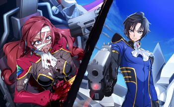 1boy 1girl artist_request ascot black_hair blue_bodysuit blue_eyes bodysuit breasts carly_disel code_geass code_geass:_lost_stories game_cg gun highres holding holding_gun holding_weapon knightmare_frame large_breasts long_hair mario_disel mecha mole mole_under_mouth non-web_source official_art open_mouth pendulum_(code_geass) red_bodysuit red_hair robot short_hair teeth weapon white_ascot